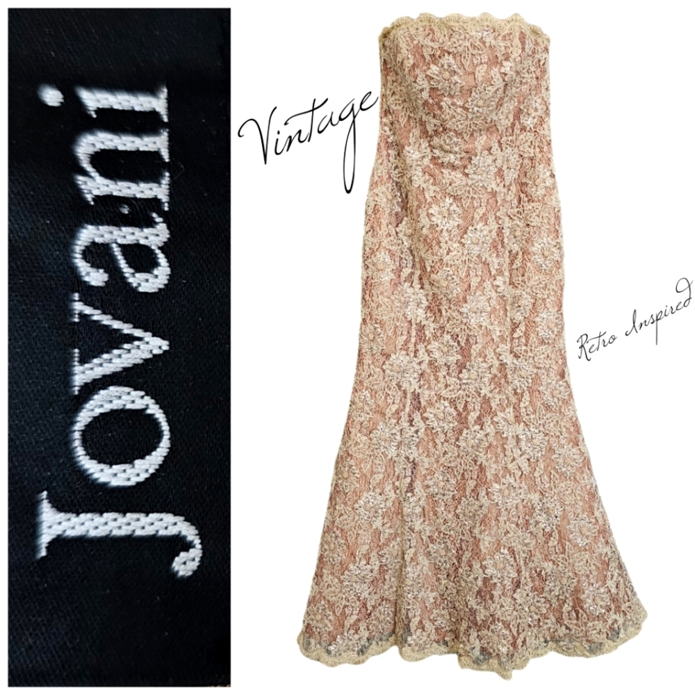 Vintage JOVANI Strapless Ecru/Apricot Floral Lace/Pearls/Sequined Antiq…